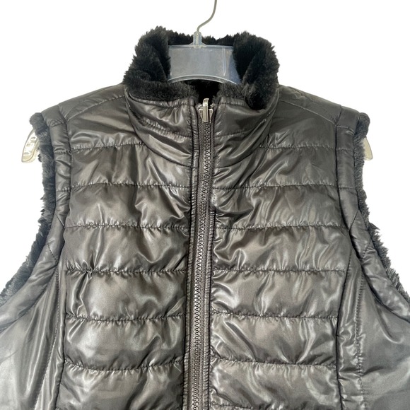 Original Nicole Miller Reversible Puffer Vest Black Faux Fur Trim Small - Picture 1 of 8